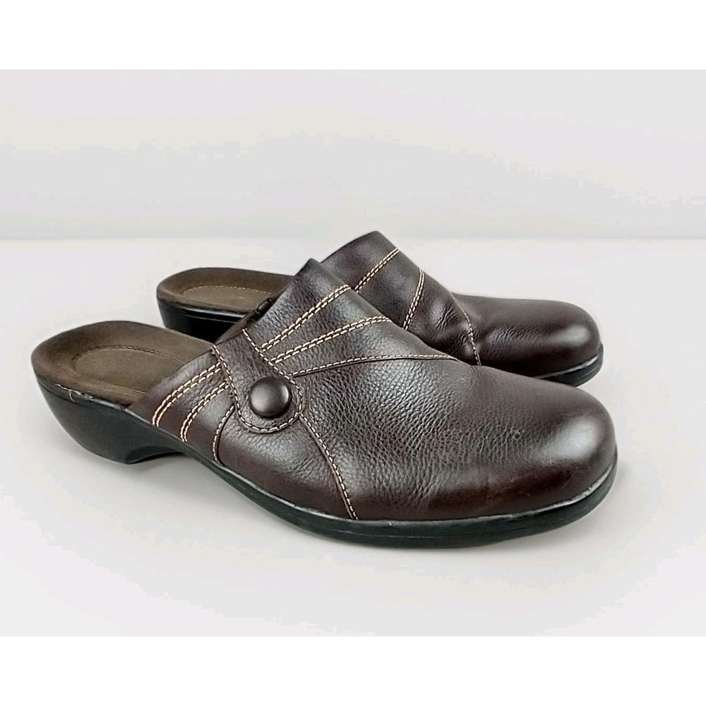 Clarks Brown Leather Mules Clogs Double Button Accent Womens 9.5 M EUC